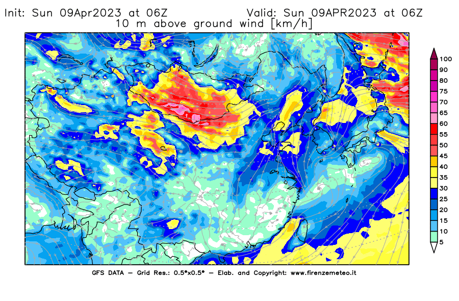 GFS analysi map - Wind Speed at 10 m above ground [km/h] in East Asia
									on 09/04/2023 06 <!--googleoff: index-->UTC<!--googleon: index-->