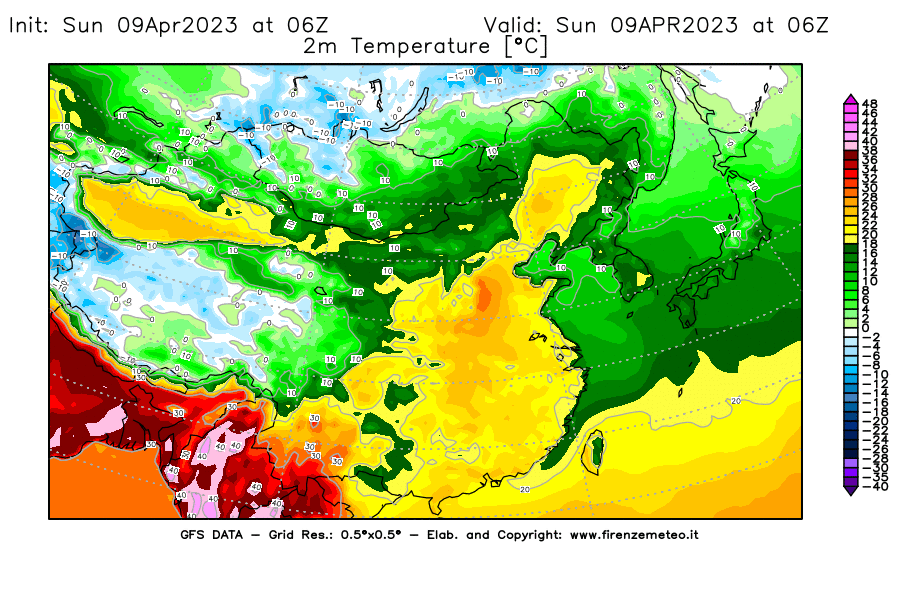 GFS analysi map - Temperature at 2 m above ground [°C] in East Asia
									on 09/04/2023 06 <!--googleoff: index-->UTC<!--googleon: index-->