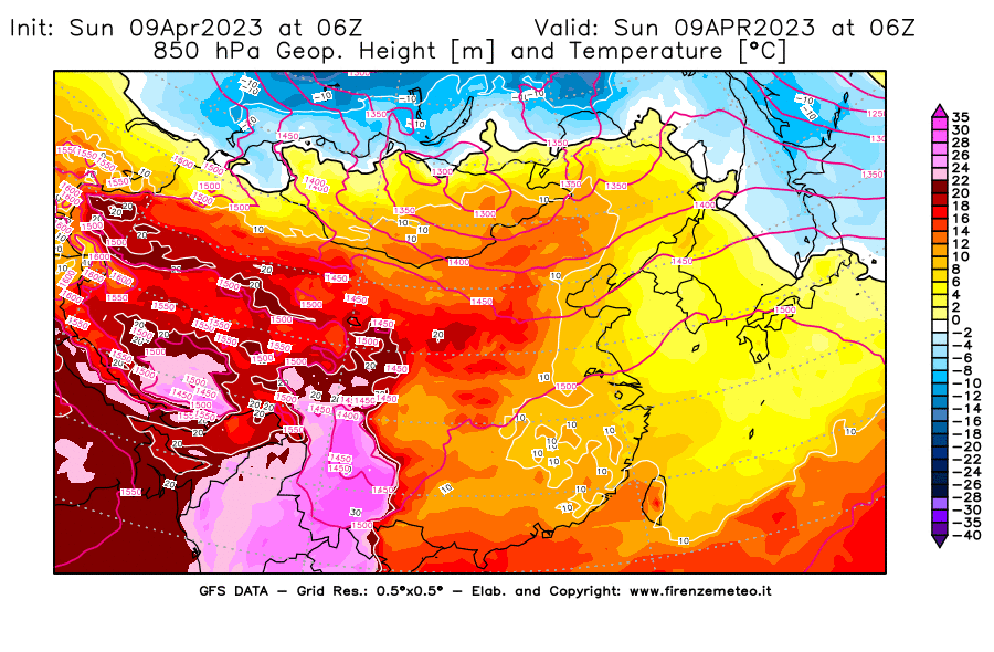 GFS analysi map - Geopotential [m] and Temperature [°C] at 850 hPa in East Asia
									on 09/04/2023 06 <!--googleoff: index-->UTC<!--googleon: index-->