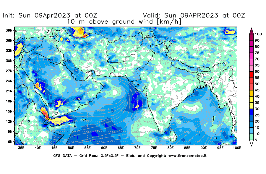 GFS analysi map - Wind Speed at 10 m above ground [km/h] in South West Asia 
									on 09/04/2023 00 <!--googleoff: index-->UTC<!--googleon: index-->