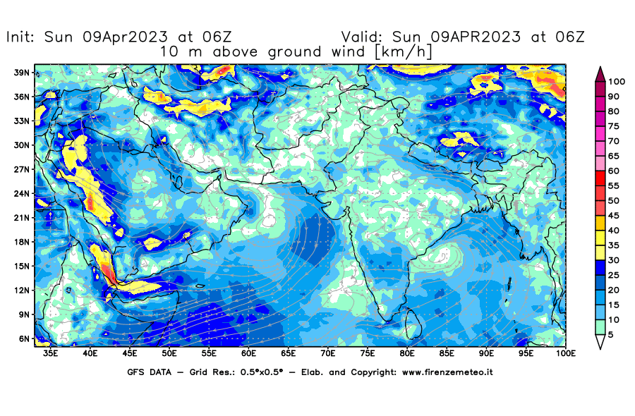 GFS analysi map - Wind Speed at 10 m above ground [km/h] in South West Asia 
									on 09/04/2023 06 <!--googleoff: index-->UTC<!--googleon: index-->