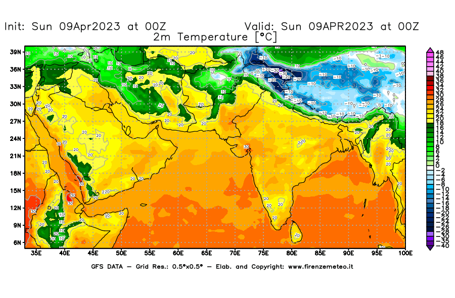 GFS analysi map - Temperature at 2 m above ground [°C] in South West Asia 
									on 09/04/2023 00 <!--googleoff: index-->UTC<!--googleon: index-->