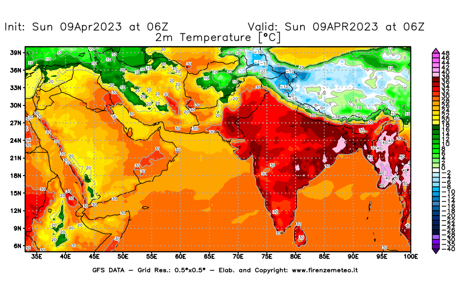 GFS analysi map - Temperature at 2 m above ground [°C] in South West Asia 
									on 09/04/2023 06 <!--googleoff: index-->UTC<!--googleon: index-->