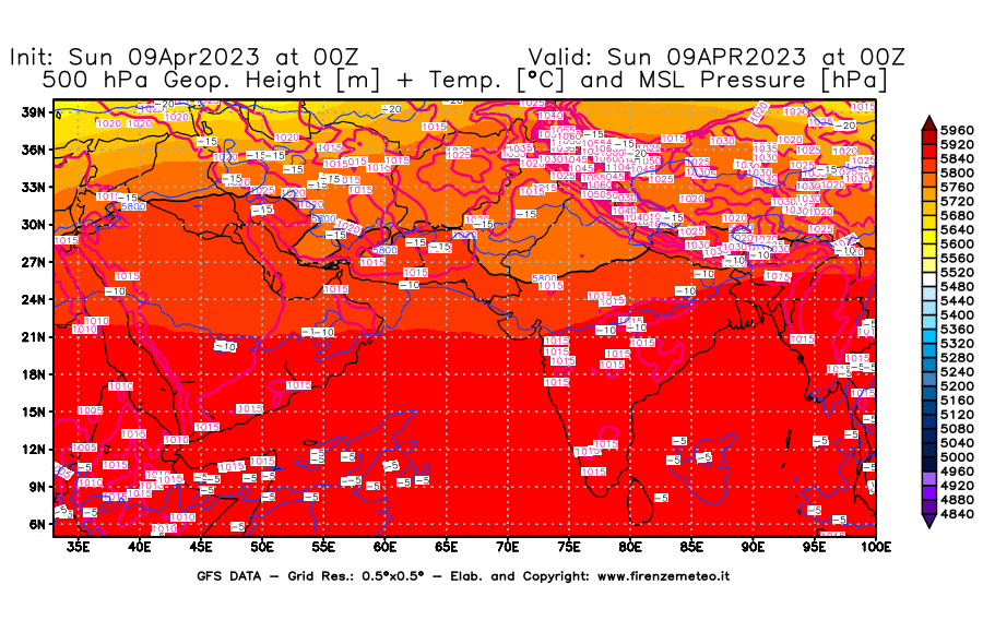 GFS analysi map - Geopotential [m] + Temp. [°C] at 500 hPa + Sea Level Pressure [hPa] in South West Asia 
									on 09/04/2023 00 <!--googleoff: index-->UTC<!--googleon: index-->