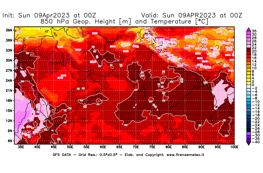 GFS analysi map - Geopotential [m] and Temperature [°C] at 850 hPa in South West Asia 
									on 09/04/2023 00 <!--googleoff: index-->UTC<!--googleon: index-->