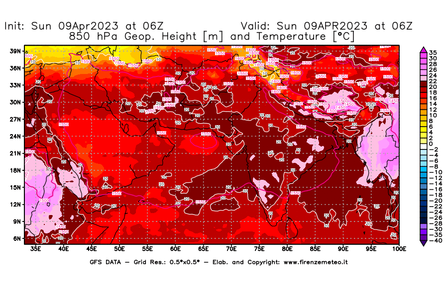GFS analysi map - Geopotential [m] and Temperature [°C] at 850 hPa in South West Asia 
									on 09/04/2023 06 <!--googleoff: index-->UTC<!--googleon: index-->