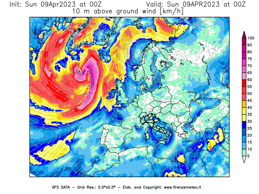 GFS analysi map - Wind Speed at 10 m above ground [km/h] in Europe
									on 09/04/2023 00 <!--googleoff: index-->UTC<!--googleon: index-->
