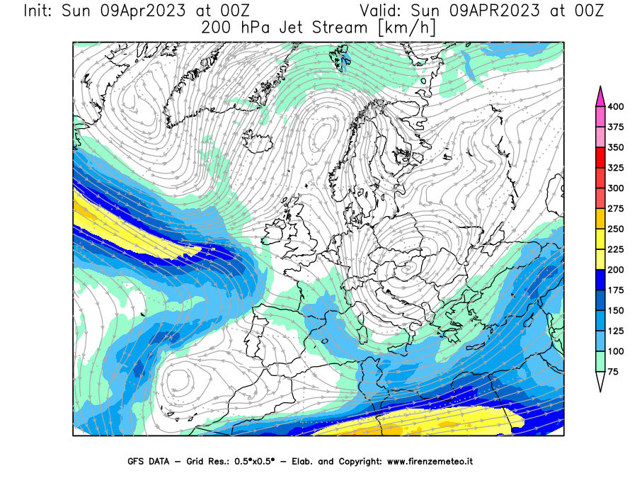 GFS analysi map - Jet Stream at 200 hPa in Europe
									on 09/04/2023 00 <!--googleoff: index-->UTC<!--googleon: index-->