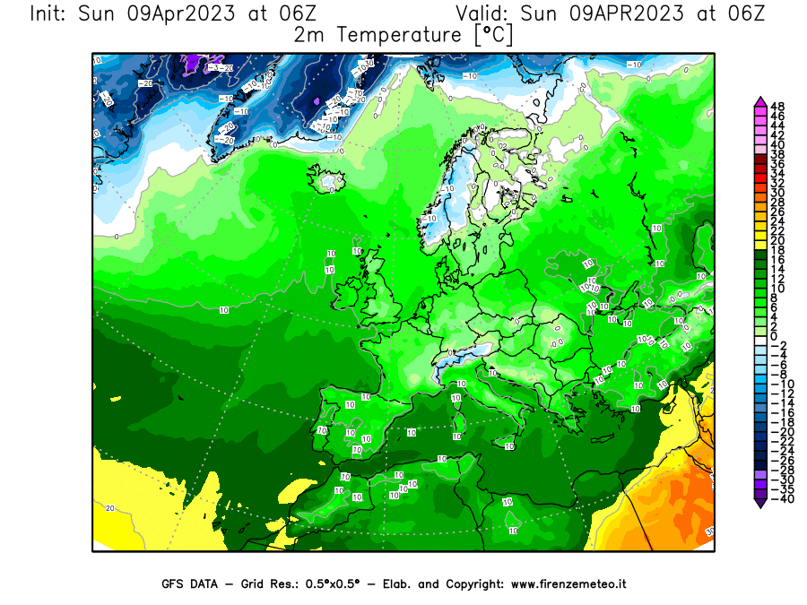 GFS analysi map - Temperature at 2 m above ground [°C] in Europe
									on 09/04/2023 06 <!--googleoff: index-->UTC<!--googleon: index-->