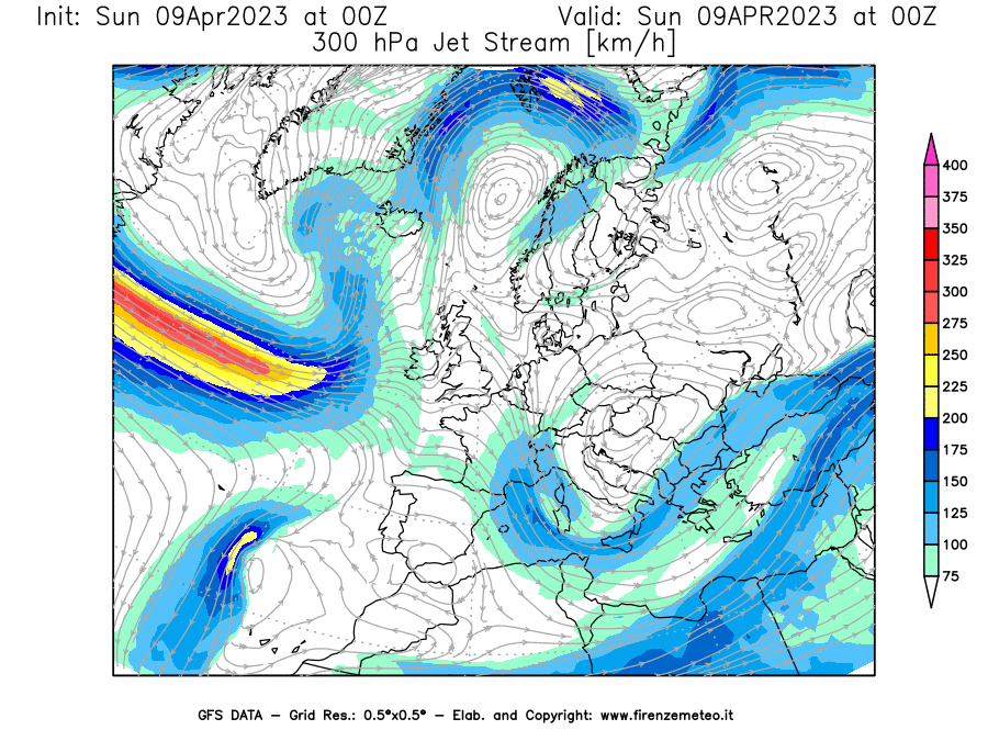 GFS analysi map - Jet Stream at 300 hPa in Europe
									on 09/04/2023 00 <!--googleoff: index-->UTC<!--googleon: index-->