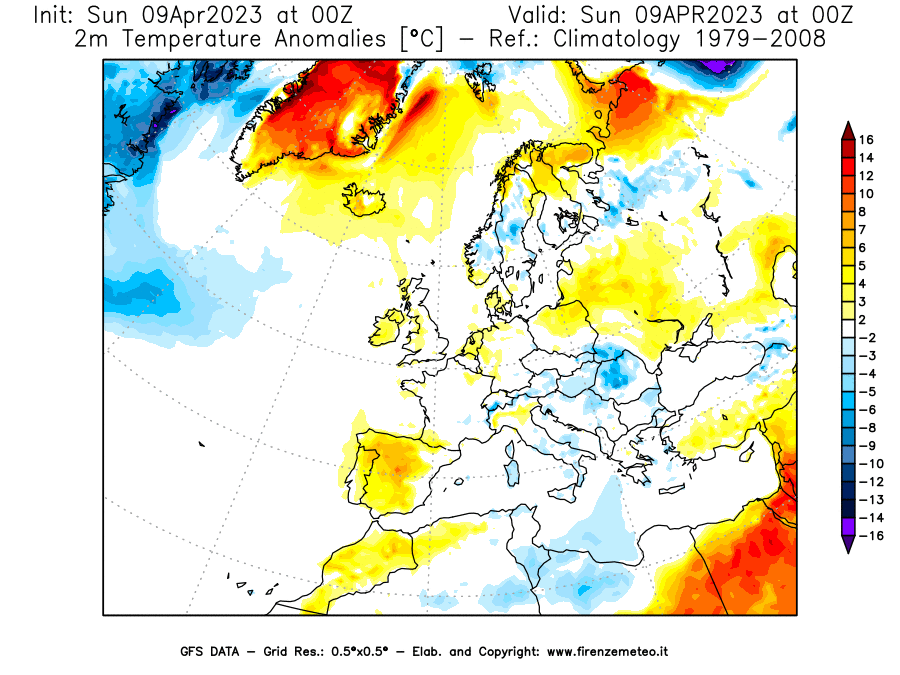GFS analysi map - Temperature Anomalies [°C] at 2 m in Europe
									on 09/04/2023 00 <!--googleoff: index-->UTC<!--googleon: index-->