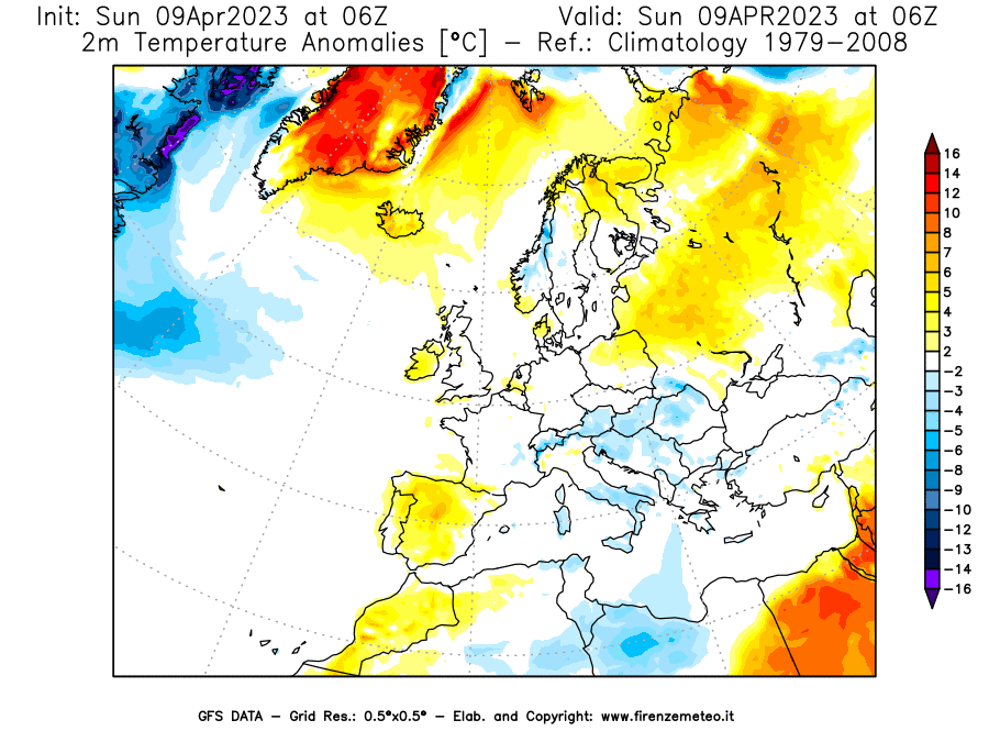 GFS analysi map - Temperature Anomalies [°C] at 2 m in Europe
									on 09/04/2023 06 <!--googleoff: index-->UTC<!--googleon: index-->