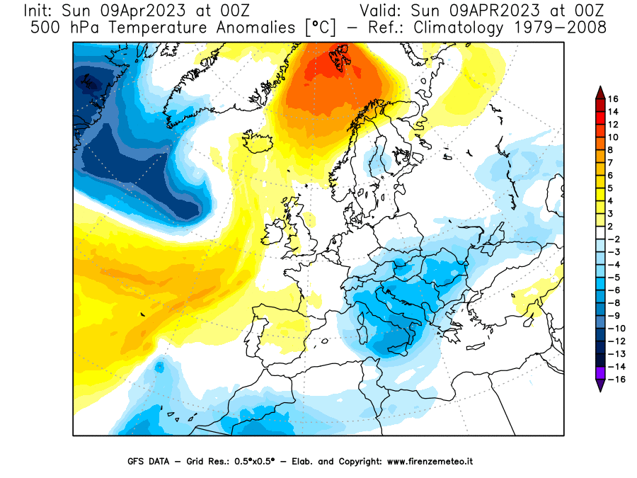 GFS analysi map - Temperature Anomalies [°C] at 500 hPa in Europe
									on 09/04/2023 00 <!--googleoff: index-->UTC<!--googleon: index-->