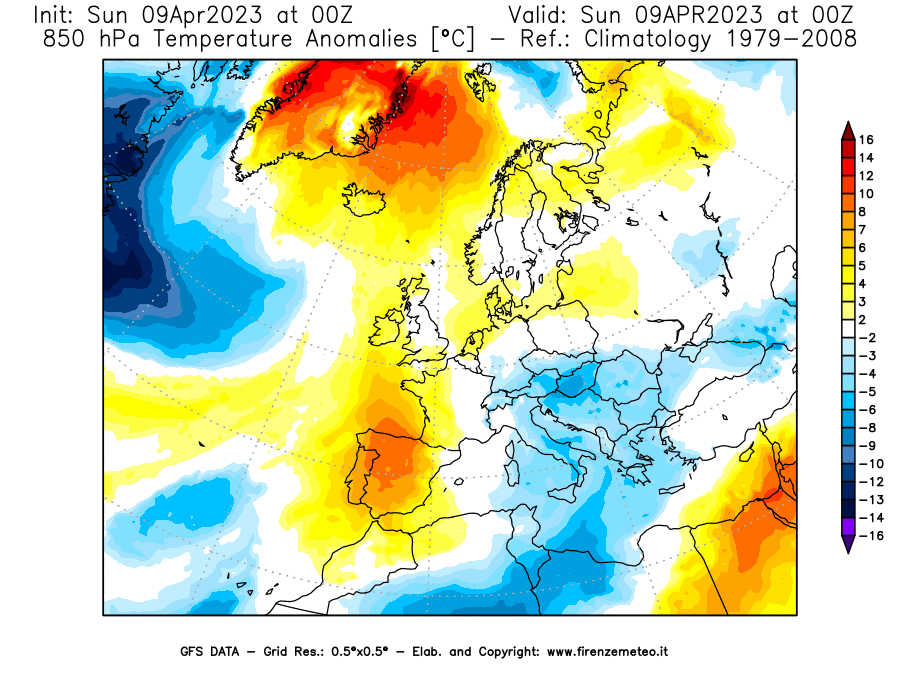 GFS analysi map - Temperature Anomalies [°C] at 850 hPa in Europe
									on 09/04/2023 00 <!--googleoff: index-->UTC<!--googleon: index-->