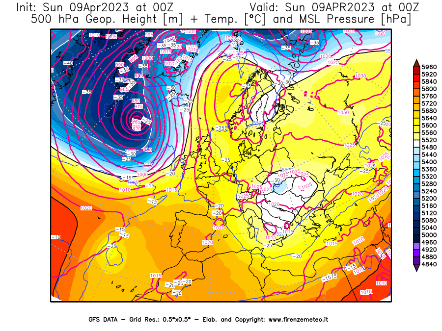 GFS analysi map - Geopotential [m] + Temp. [°C] at 500 hPa + Sea Level Pressure [hPa] in Europe
									on 09/04/2023 00 <!--googleoff: index-->UTC<!--googleon: index-->