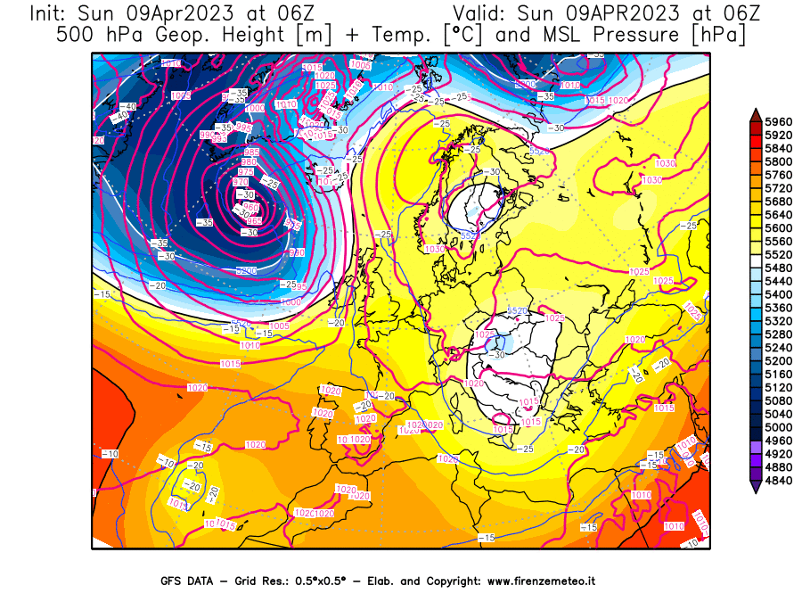 GFS analysi map - Geopotential [m] + Temp. [°C] at 500 hPa + Sea Level Pressure [hPa] in Europe
									on 09/04/2023 06 <!--googleoff: index-->UTC<!--googleon: index-->