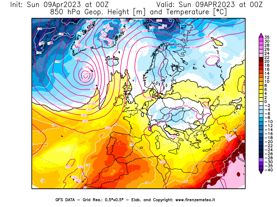 GFS analysi map - Geopotential [m] and Temperature [°C] at 850 hPa in Europe
									on 09/04/2023 00 <!--googleoff: index-->UTC<!--googleon: index-->