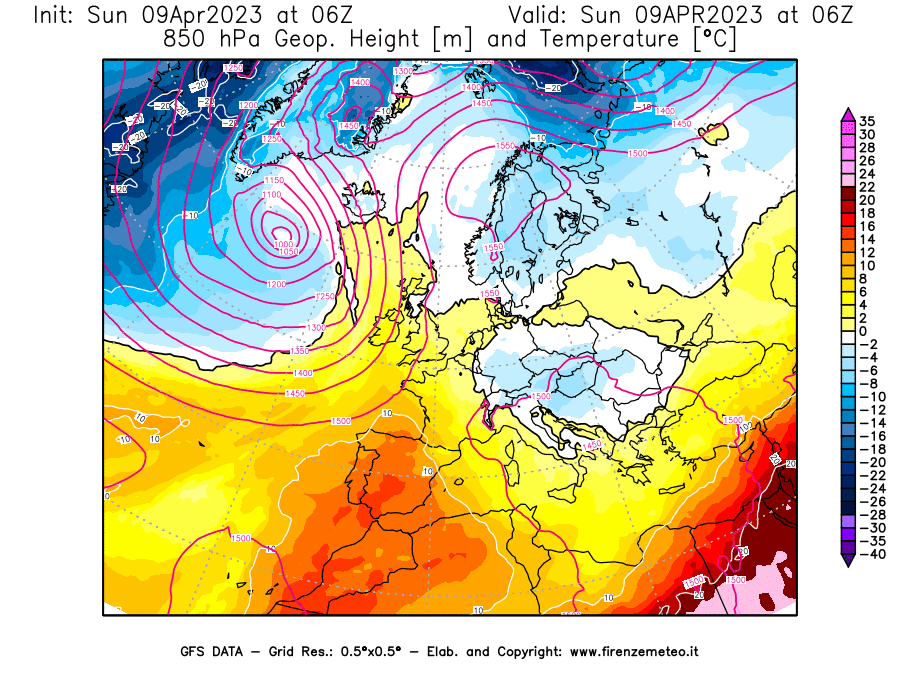GFS analysi map - Geopotential [m] and Temperature [°C] at 850 hPa in Europe
									on 09/04/2023 06 <!--googleoff: index-->UTC<!--googleon: index-->