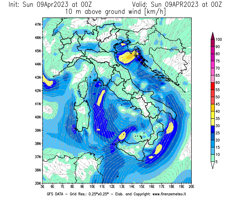 GFS analysi map - Wind Speed at 10 m above ground [km/h] in Italy
									on 09/04/2023 00 <!--googleoff: index-->UTC<!--googleon: index-->