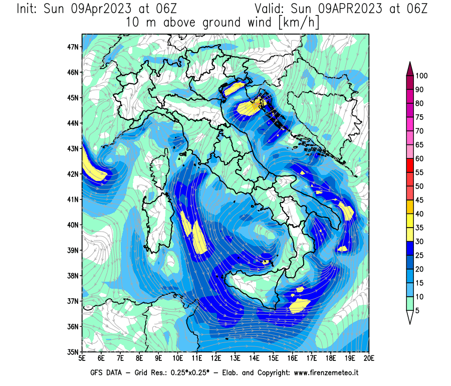 GFS analysi map - Wind Speed at 10 m above ground [km/h] in Italy
									on 09/04/2023 06 <!--googleoff: index-->UTC<!--googleon: index-->
