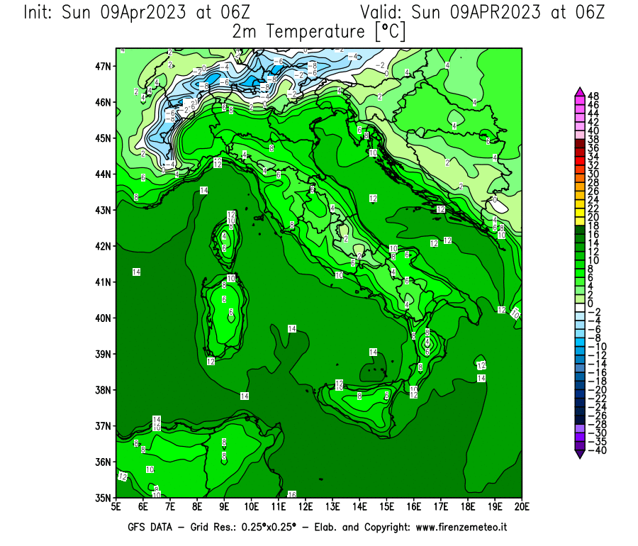 GFS analysi map - Temperature at 2 m above ground [°C] in Italy
									on 09/04/2023 06 <!--googleoff: index-->UTC<!--googleon: index-->