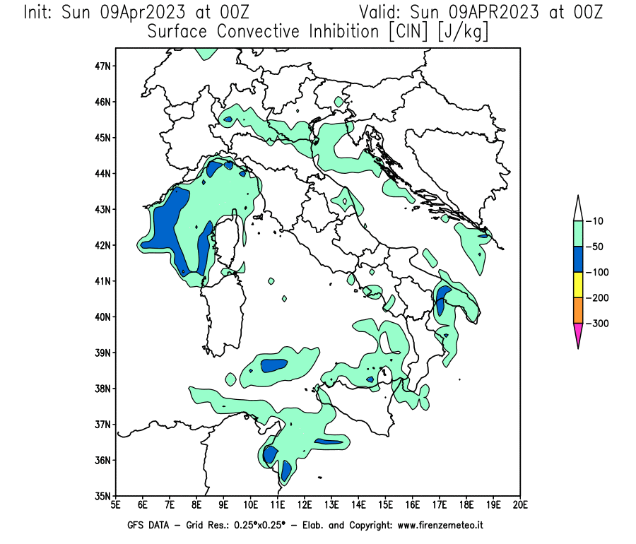 GFS analysi map - CIN [J/kg] in Italy
									on 09/04/2023 00 <!--googleoff: index-->UTC<!--googleon: index-->