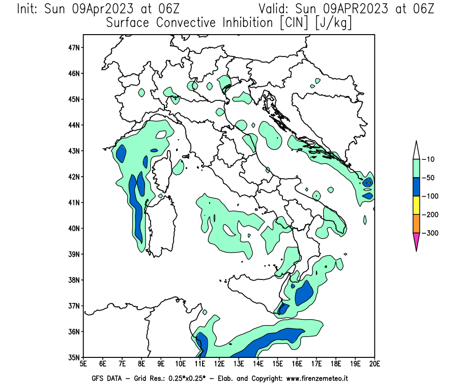 GFS analysi map - CIN [J/kg] in Italy
									on 09/04/2023 06 <!--googleoff: index-->UTC<!--googleon: index-->