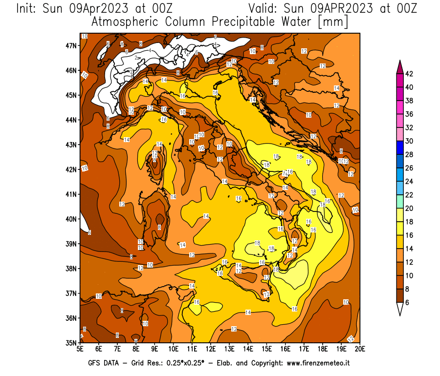 GFS analysi map - Precipitable Water [mm] in Italy
									on 09/04/2023 00 <!--googleoff: index-->UTC<!--googleon: index-->