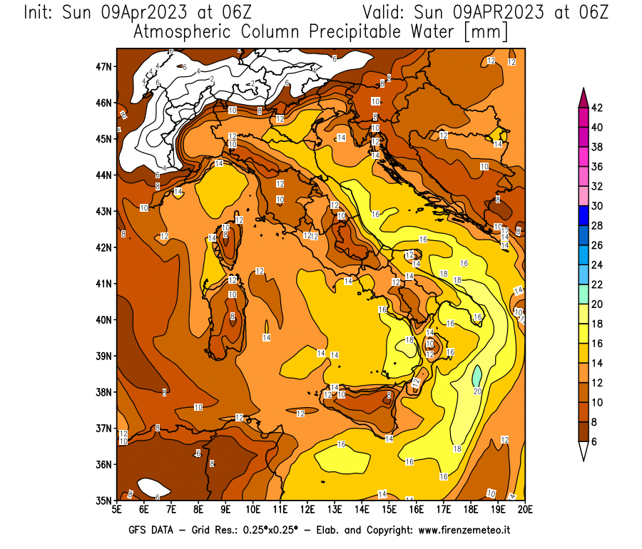 GFS analysi map - Precipitable Water [mm] in Italy
									on 09/04/2023 06 <!--googleoff: index-->UTC<!--googleon: index-->