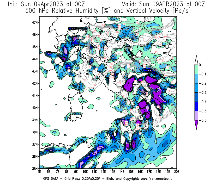 GFS analysi map - Relative Umidity [%] and Omega [Pa/s] at 500 hPa in Italy
									on 09/04/2023 00 <!--googleoff: index-->UTC<!--googleon: index-->