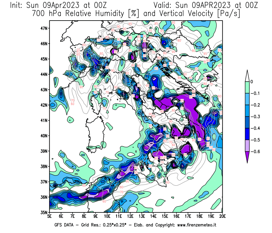 GFS analysi map - Relative Umidity [%] and Omega [Pa/s] at 700 hPa in Italy
									on 09/04/2023 00 <!--googleoff: index-->UTC<!--googleon: index-->