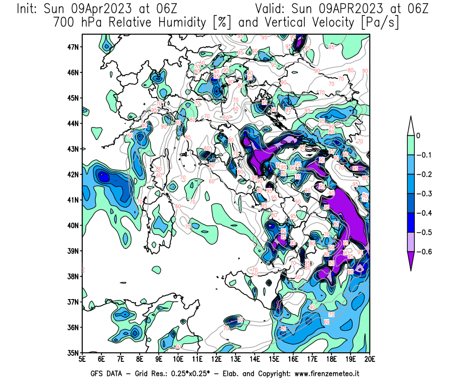 GFS analysi map - Relative Umidity [%] and Omega [Pa/s] at 700 hPa in Italy
									on 09/04/2023 06 <!--googleoff: index-->UTC<!--googleon: index-->