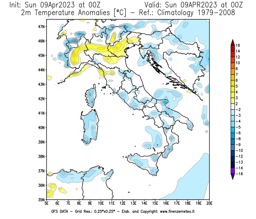 GFS analysi map - Temperature Anomalies [°C] at 2 m in Italy
									on 09/04/2023 00 <!--googleoff: index-->UTC<!--googleon: index-->