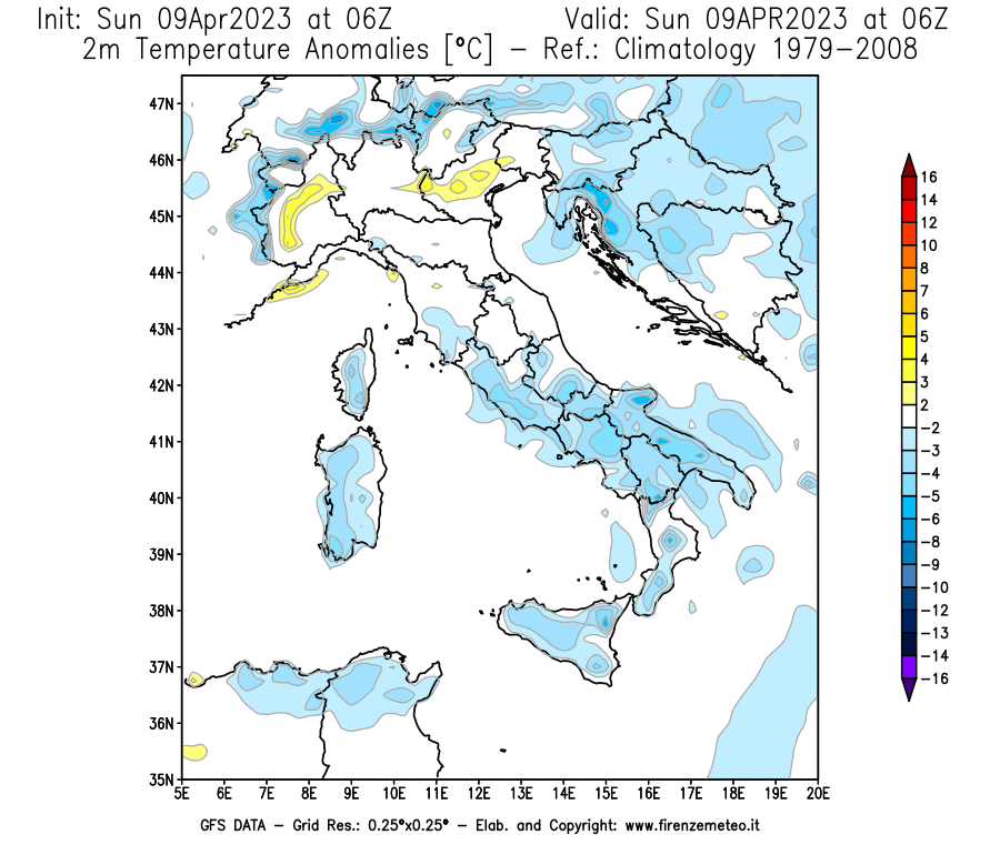 GFS analysi map - Temperature Anomalies [°C] at 2 m in Italy
									on 09/04/2023 06 <!--googleoff: index-->UTC<!--googleon: index-->