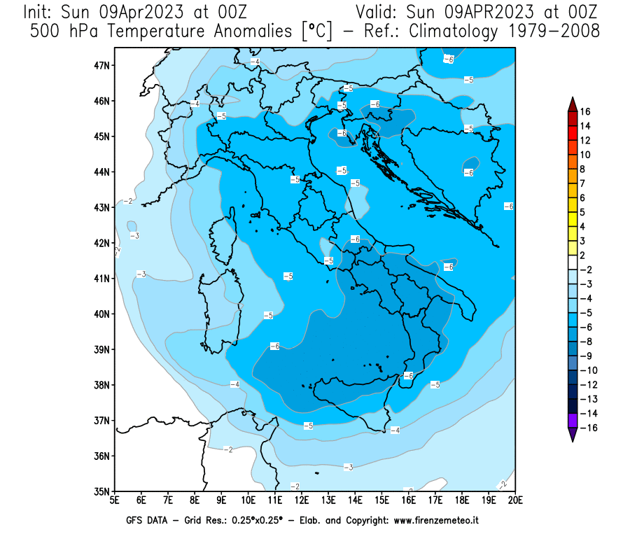 GFS analysi map - Temperature Anomalies [°C] at 500 hPa in Italy
									on 09/04/2023 00 <!--googleoff: index-->UTC<!--googleon: index-->