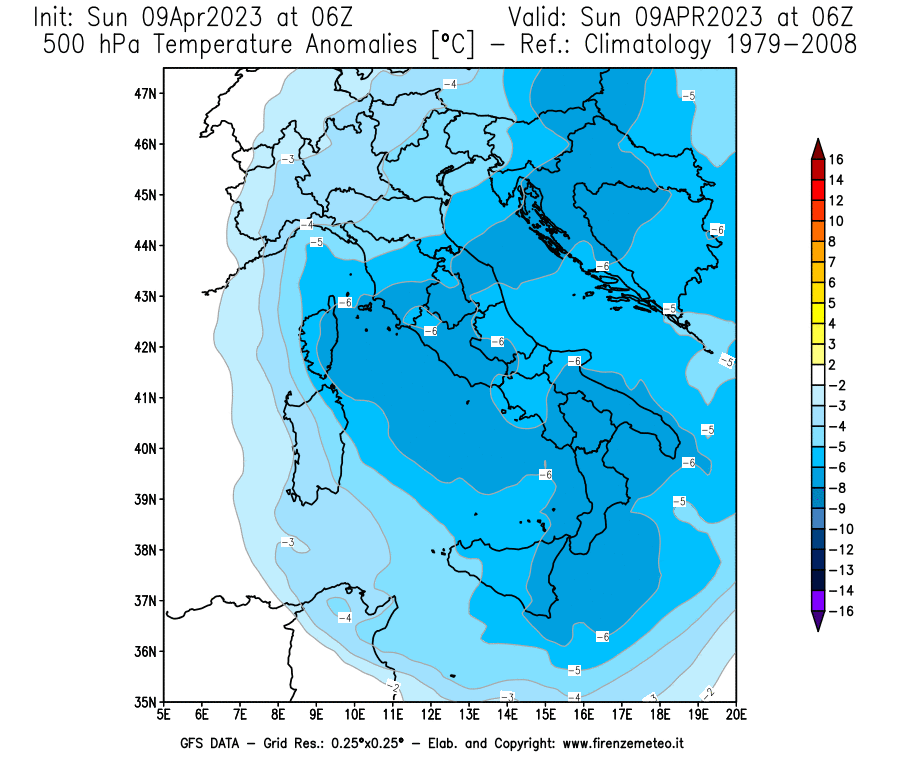 GFS analysi map - Temperature Anomalies [°C] at 500 hPa in Italy
									on 09/04/2023 06 <!--googleoff: index-->UTC<!--googleon: index-->