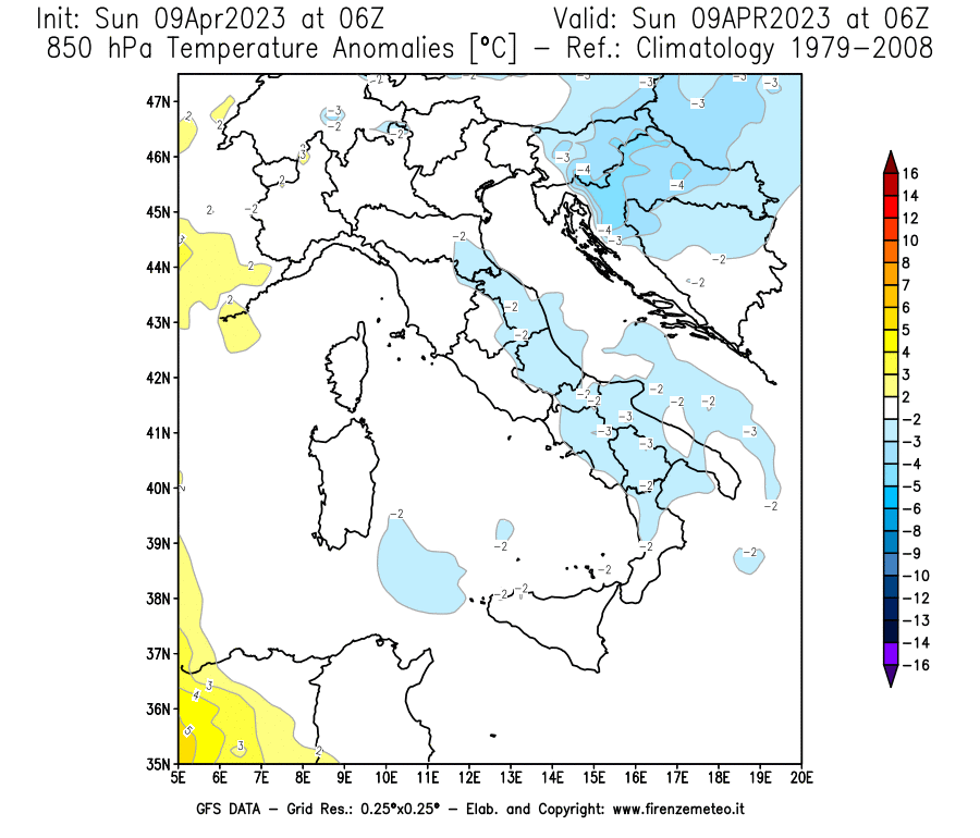 GFS analysi map - Temperature Anomalies [°C] at 850 hPa in Italy
									on 09/04/2023 06 <!--googleoff: index-->UTC<!--googleon: index-->
