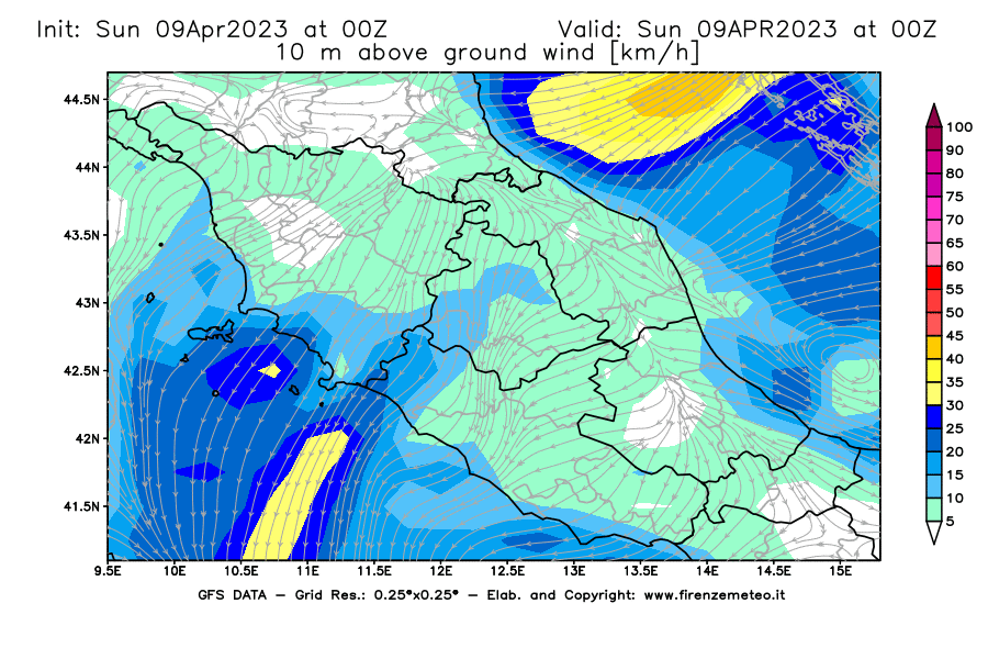 GFS analysi map - Wind Speed at 10 m above ground [km/h] in Central Italy
									on 09/04/2023 00 <!--googleoff: index-->UTC<!--googleon: index-->