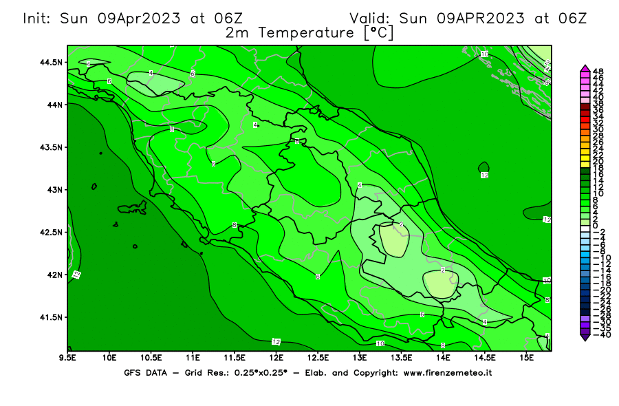 GFS analysi map - Temperature at 2 m above ground [°C] in Central Italy
									on 09/04/2023 06 <!--googleoff: index-->UTC<!--googleon: index-->