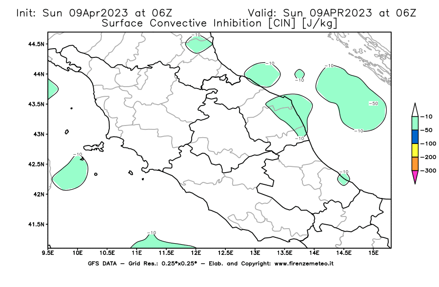 GFS analysi map - CIN [J/kg] in Central Italy
									on 09/04/2023 06 <!--googleoff: index-->UTC<!--googleon: index-->