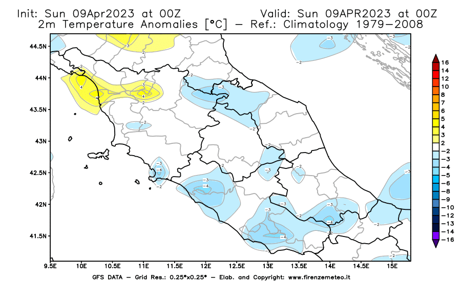 GFS analysi map - Temperature Anomalies [°C] at 2 m in Central Italy
									on 09/04/2023 00 <!--googleoff: index-->UTC<!--googleon: index-->