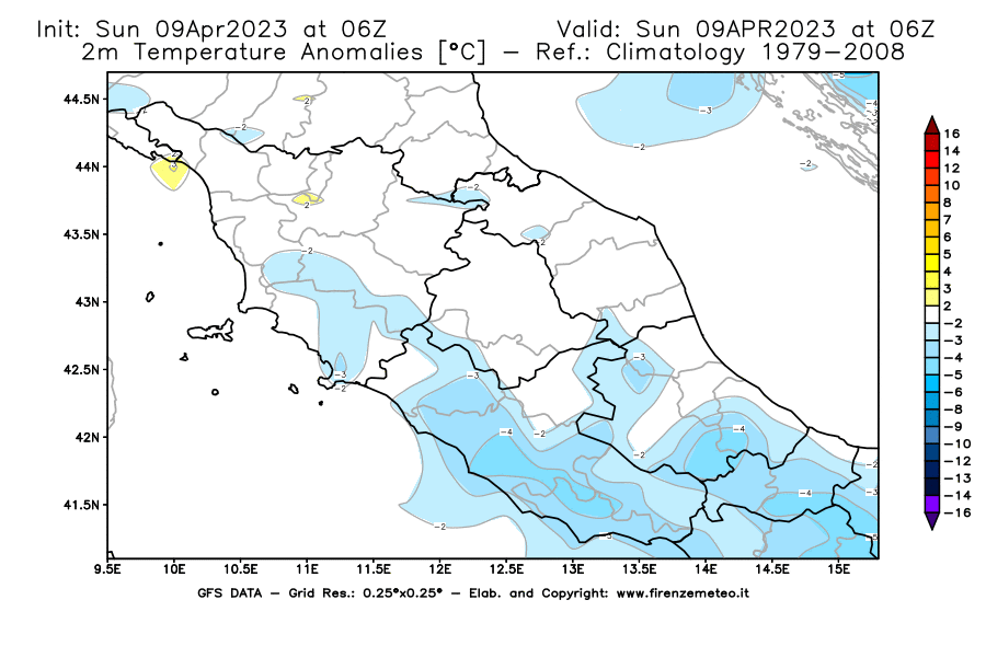 GFS analysi map - Temperature Anomalies [°C] at 2 m in Central Italy
									on 09/04/2023 06 <!--googleoff: index-->UTC<!--googleon: index-->