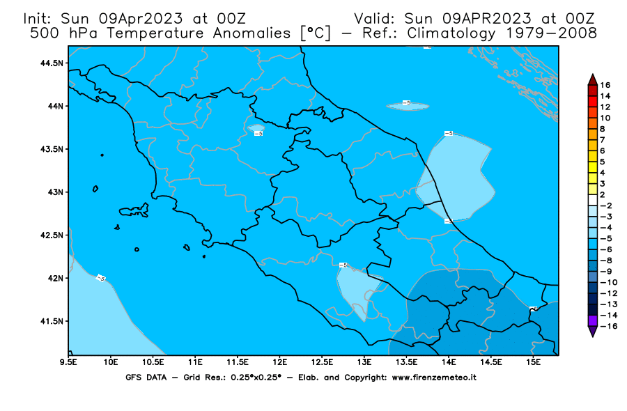 GFS analysi map - Temperature Anomalies [°C] at 500 hPa in Central Italy
									on 09/04/2023 00 <!--googleoff: index-->UTC<!--googleon: index-->