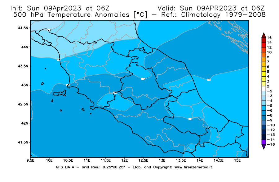 GFS analysi map - Temperature Anomalies [°C] at 500 hPa in Central Italy
									on 09/04/2023 06 <!--googleoff: index-->UTC<!--googleon: index-->