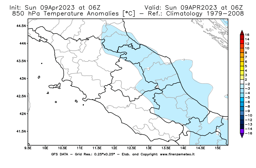 GFS analysi map - Temperature Anomalies [°C] at 850 hPa in Central Italy
									on 09/04/2023 06 <!--googleoff: index-->UTC<!--googleon: index-->