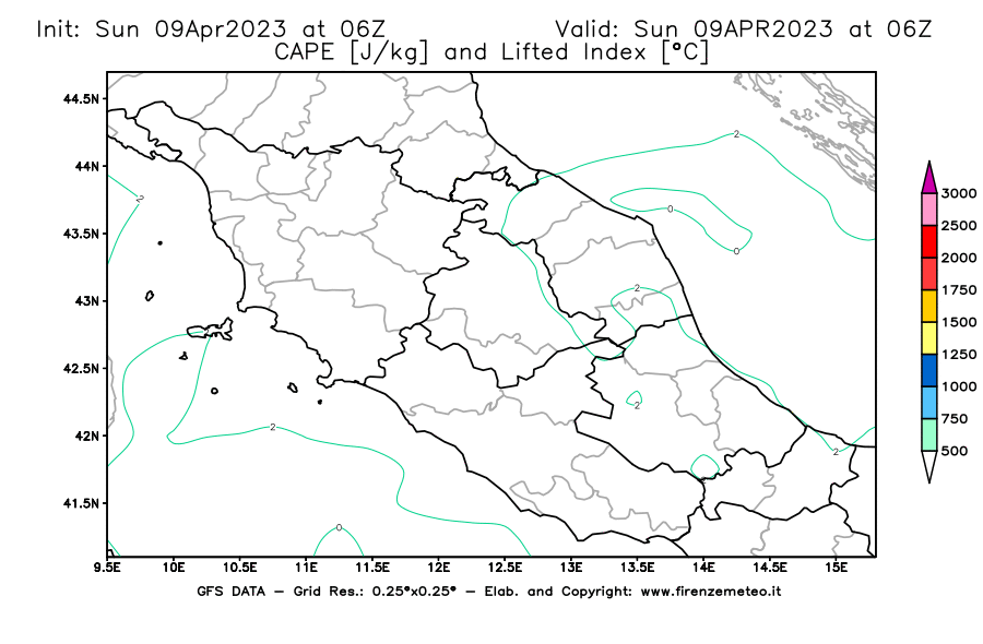 GFS analysi map - CAPE [J/kg] and Lifted Index [°C] in Central Italy
									on 09/04/2023 06 <!--googleoff: index-->UTC<!--googleon: index-->