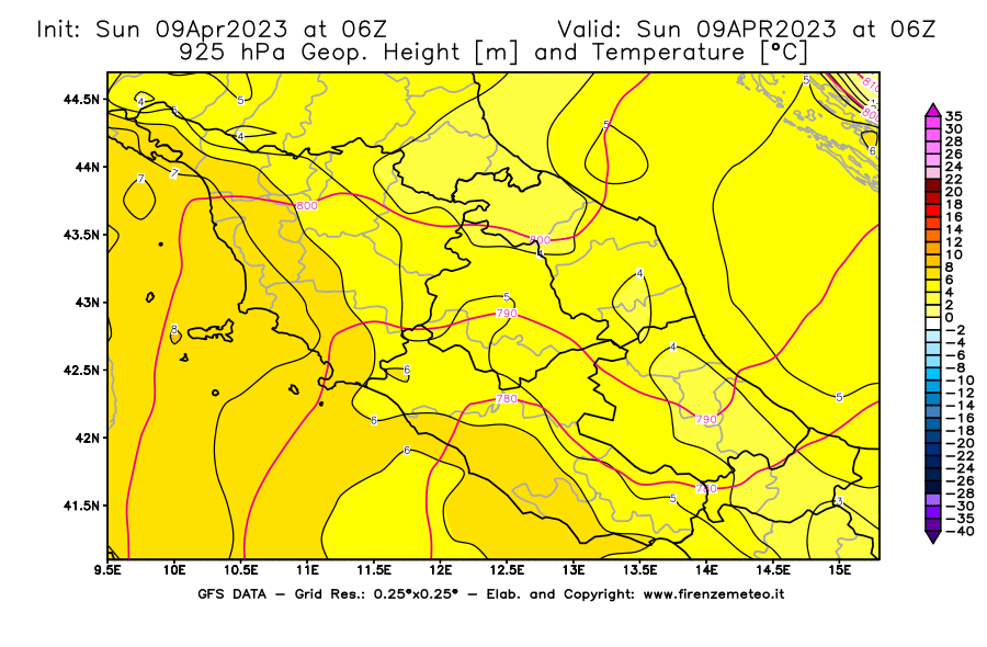 GFS analysi map - Geopotential [m] and Temperature [°C] at 925 hPa in Central Italy
									on 09/04/2023 06 <!--googleoff: index-->UTC<!--googleon: index-->