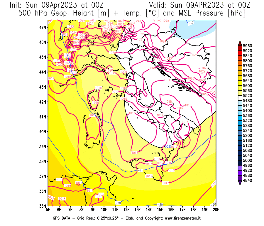 GFS analysi map - Geopotential [m] + Temp. [°C] at 500 hPa + Sea Level Pressure [hPa] in Italy
									on 09/04/2023 00 <!--googleoff: index-->UTC<!--googleon: index-->