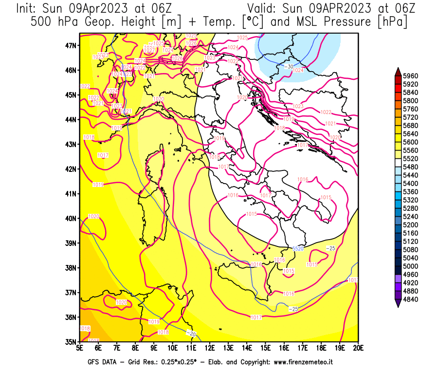 GFS analysi map - Geopotential [m] + Temp. [°C] at 500 hPa + Sea Level Pressure [hPa] in Italy
									on 09/04/2023 06 <!--googleoff: index-->UTC<!--googleon: index-->