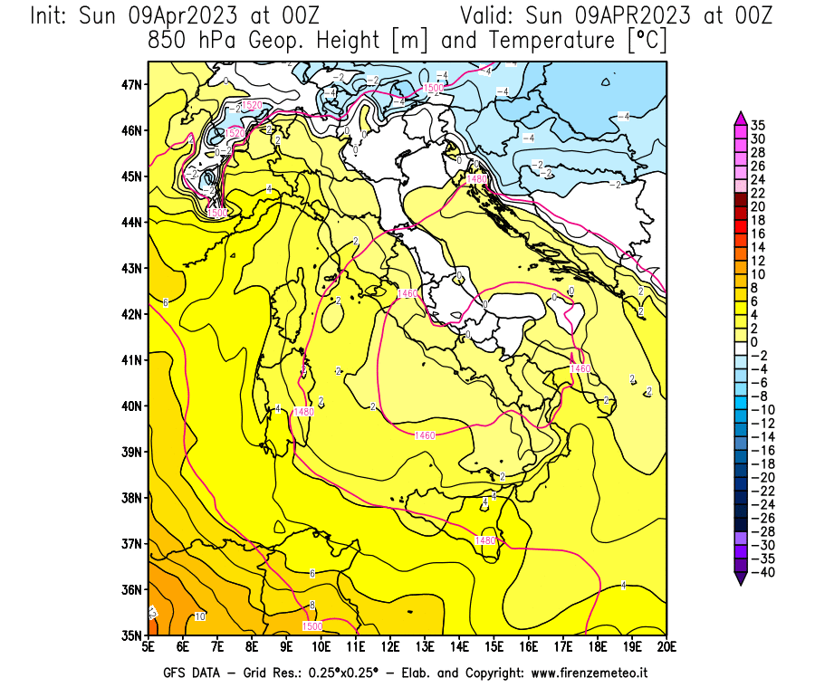 GFS analysi map - Geopotential [m] and Temperature [°C] at 850 hPa in Italy
									on 09/04/2023 00 <!--googleoff: index-->UTC<!--googleon: index-->